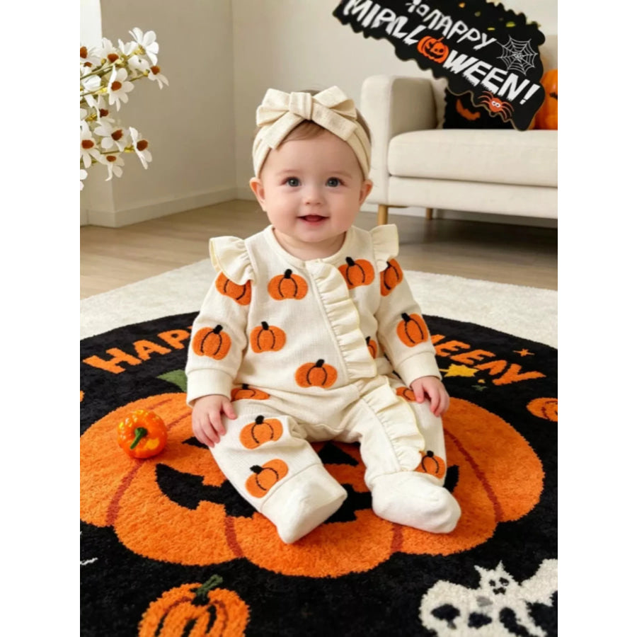 Children’s Halloween Ruffled Long Sleeve One-Piece Jumpsuit with Headband Milky White / 0-3M Apparel and Accessories