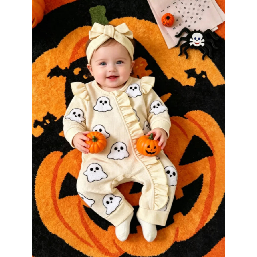 Children’s Halloween Ruffled Long Sleeve One-Piece Jumpsuit with Headband Off-white / 0-3M Apparel and Accessories