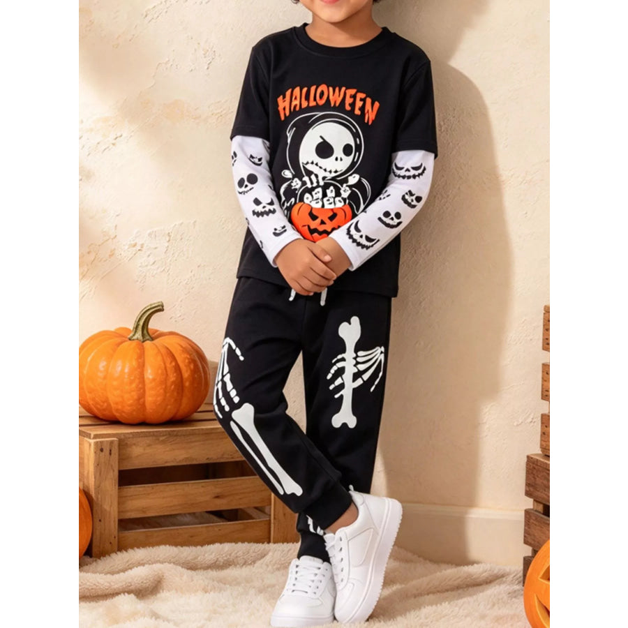 Children’s Halloween Skeleton Graphic Long Sleeve T-Shirt and Pants Set Black / 2Y Apparel Accessories