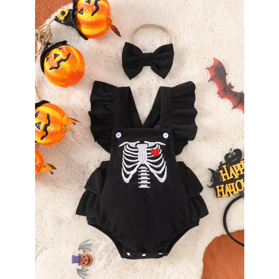 Children’s Halloween Skeleton Ruffle Bodysuit and Bow Headband Set Black / 0-3M Apparel Accessories