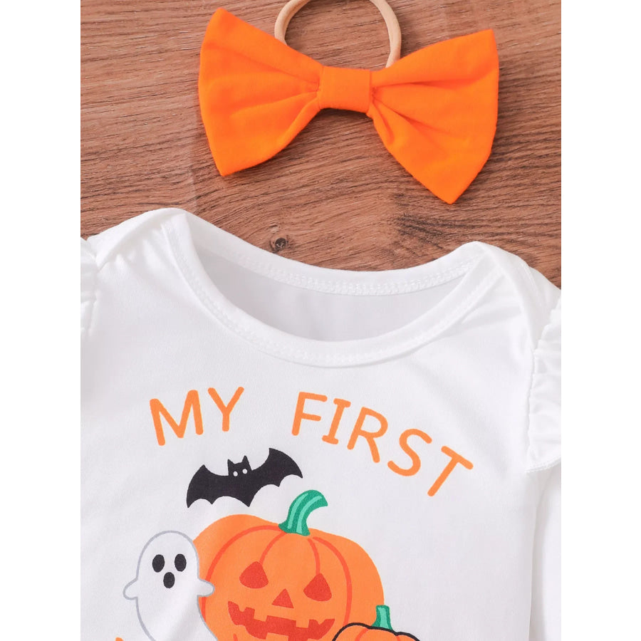 Children’s Halloween Skull Print Long Sleeve Bodysuit and Pants Set with Bow Headband Apparel and Accessories