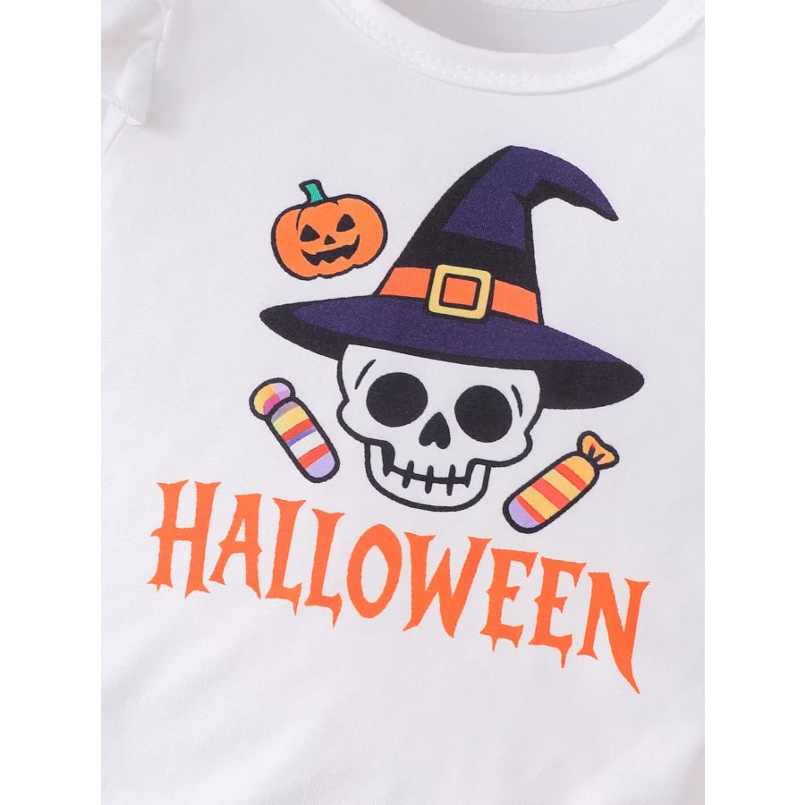 Children’s Halloween Skull Print Long Sleeve Bodysuit and Pants Set with Bow Headband Apparel and Accessories