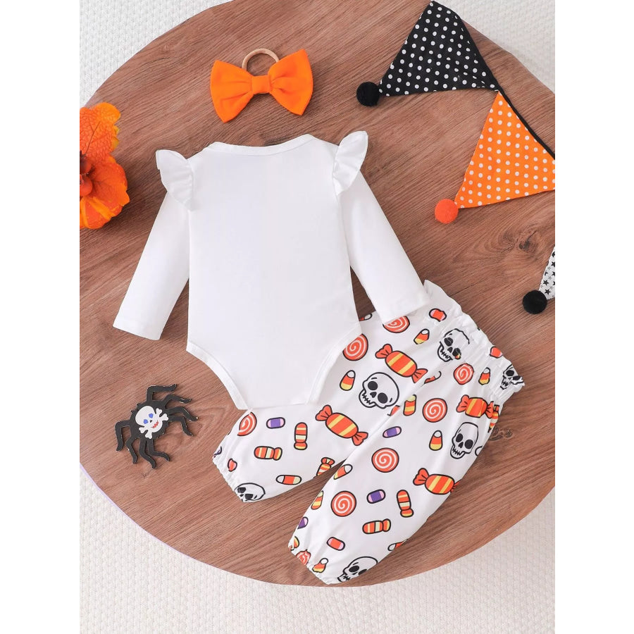 Children’s Halloween Skull Print Long Sleeve Bodysuit and Pants Set with Bow Headband Apparel and Accessories
