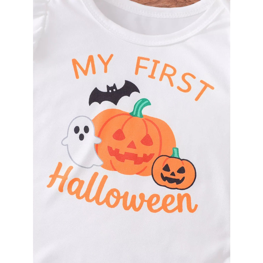 Children’s Halloween Skull Print Long Sleeve Bodysuit and Pants Set with Bow Headband Apparel and Accessories