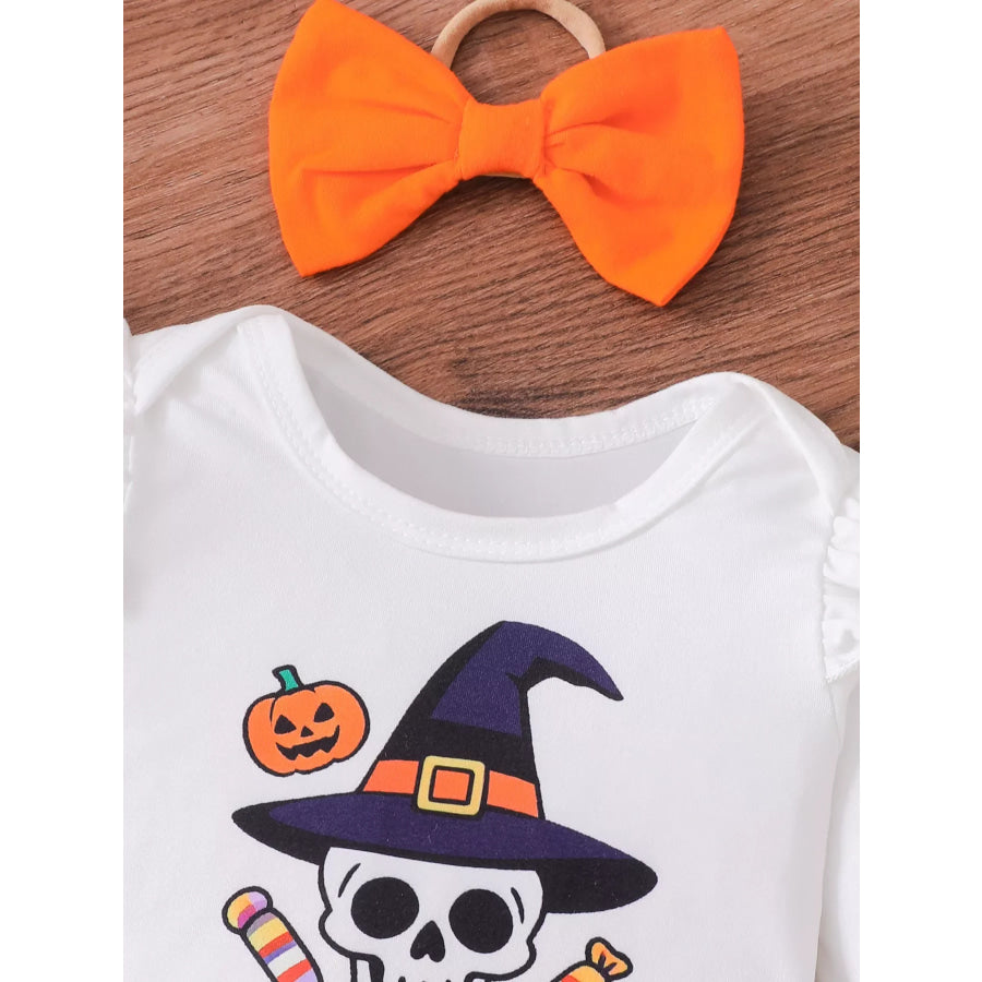 Children’s Halloween Skull Print Long Sleeve Bodysuit and Pants Set with Bow Headband Apparel and Accessories