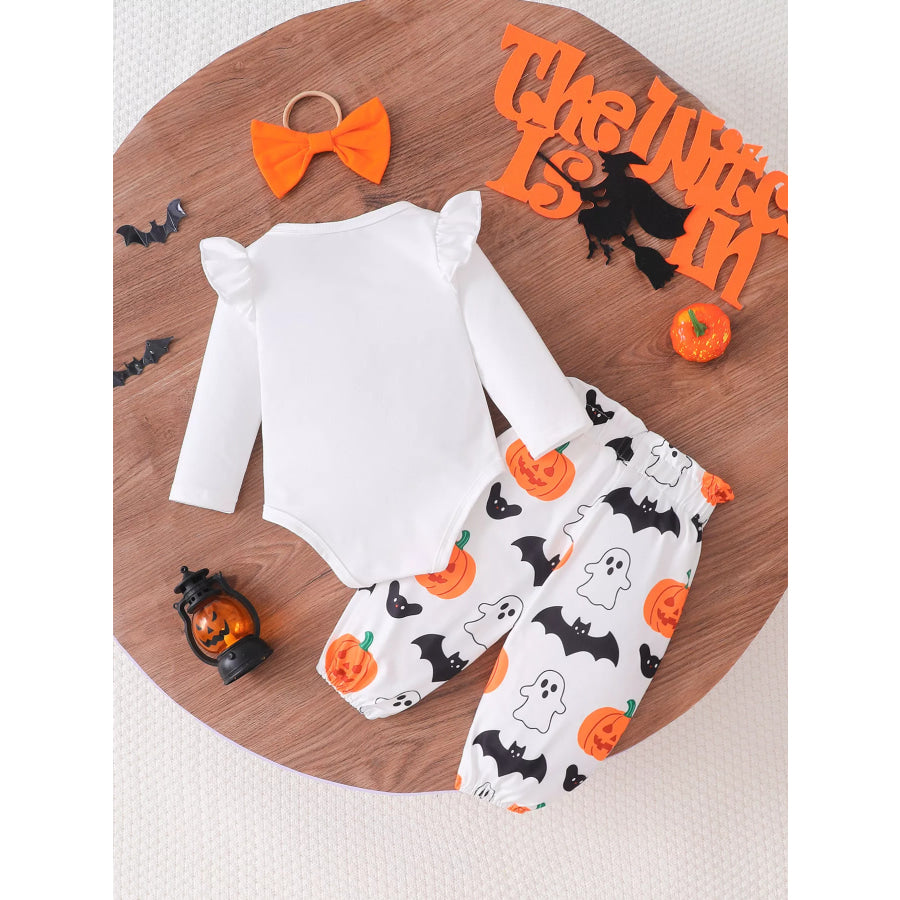 Children’s Halloween Skull Print Long Sleeve Bodysuit and Pants Set with Bow Headband Apparel and Accessories