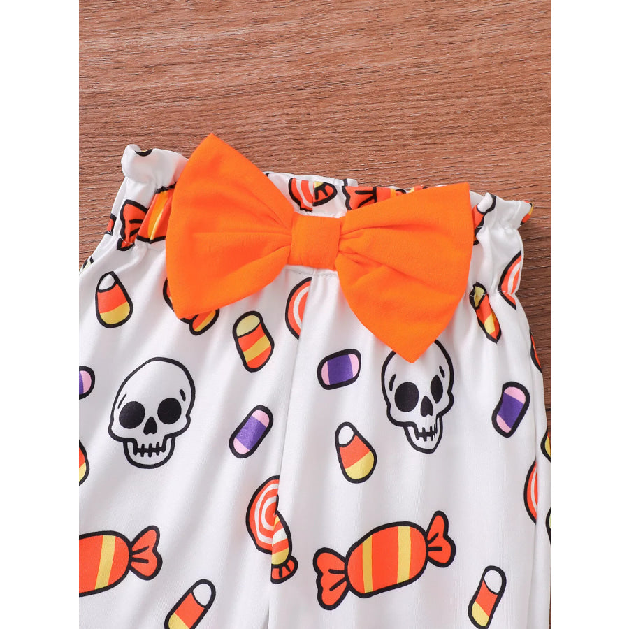 Children’s Halloween Skull Print Long Sleeve Bodysuit and Pants Set with Bow Headband Apparel and Accessories