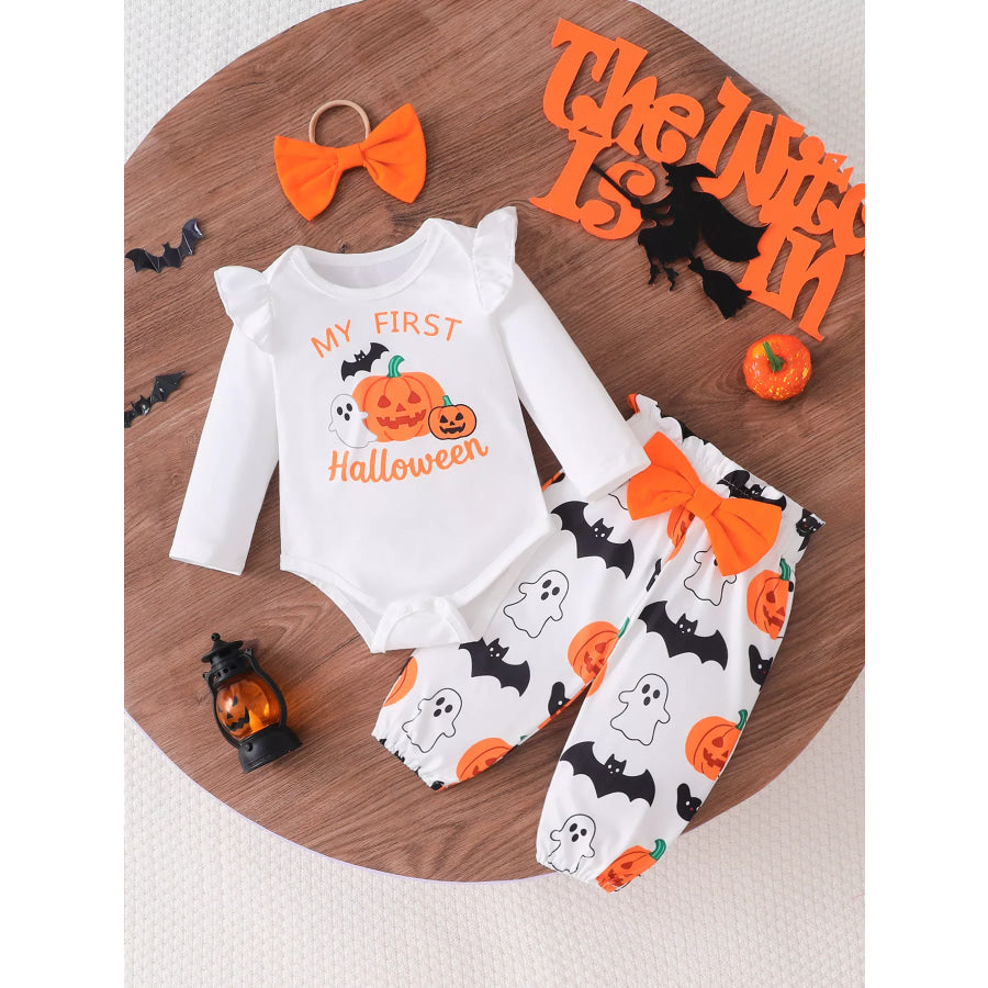 Children’s Halloween Skull Print Long Sleeve Bodysuit and Pants Set with Bow Headband Pumpkin / 0-3M Apparel and Accessories