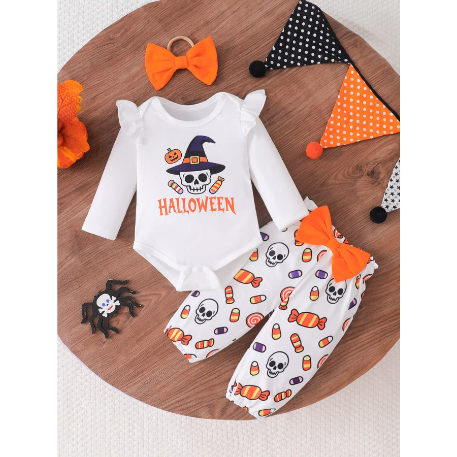 Children’s Halloween Skull Print Long Sleeve Bodysuit and Pants Set with Bow Headband White / 0-3M Apparel and Accessories