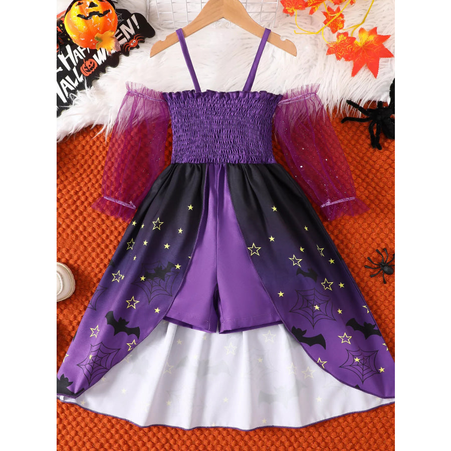 Children’s Halloween Spaghetti Strap Romper with Tulle Sleeves and Starry Overlay Purple / 18-24M Apparel Accessories