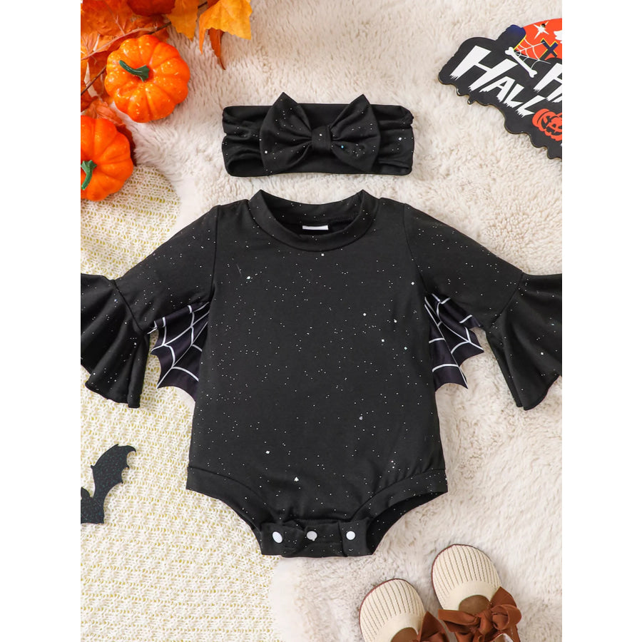 Children’s Halloween Spiderweb Print Long Sleeve Bodysuit and Bow Headband Set Black / 0-3M Apparel Accessories