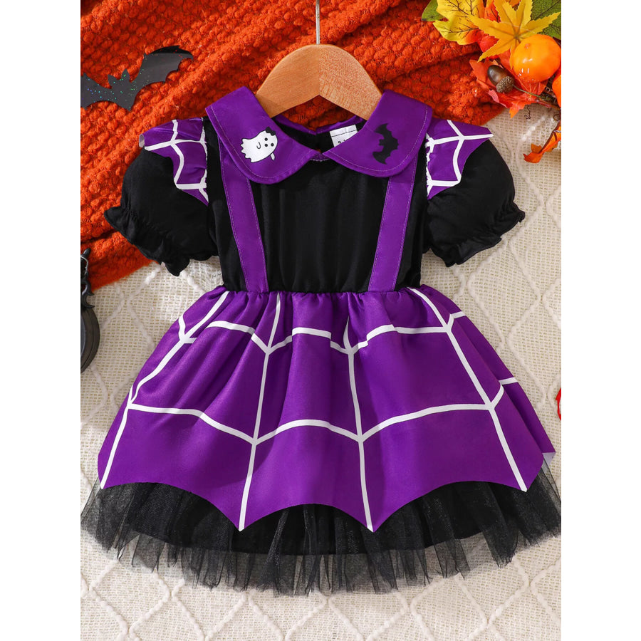Children’s Halloween Spiderweb Print Peter Pan Collar Dress Purple / 9-12M Apparel and Accessories