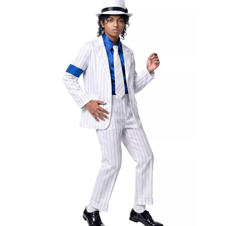 Children’s Halloween Striped Suit Costume 5 Piece Set with Shirt and Fedora & Tie White / S Apparel Accessories