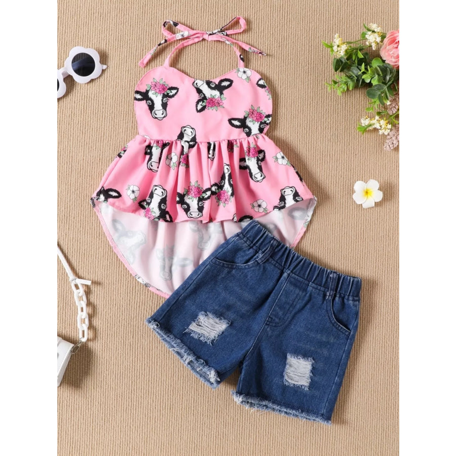 Children’s Halter Neck Cami and Denim Shorts Set Pink / 2T Apparel and Accessories