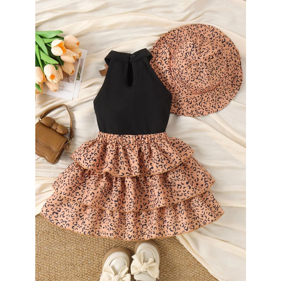 Children’s Halter Top and Leopard Print Ruffled Skirt Set with Hat Apparel and Accessories