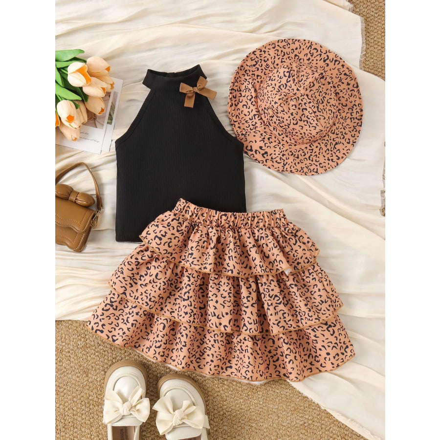 Children’s Halter Top and Leopard Print Ruffled Skirt Set with Hat Black / 2-3Y Apparel and Accessories