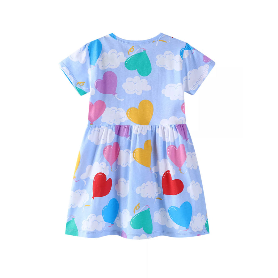 Children’s Heart Balloon Print Short Sleeve Dress Blue / 2T Apparel and Accessories