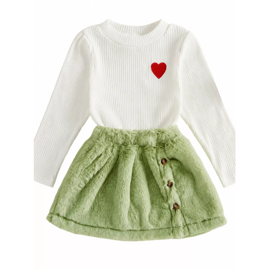 Children’s Heart-Embroidered Ribbed Top and Fuzzy Skirt Set Apparel Accessories