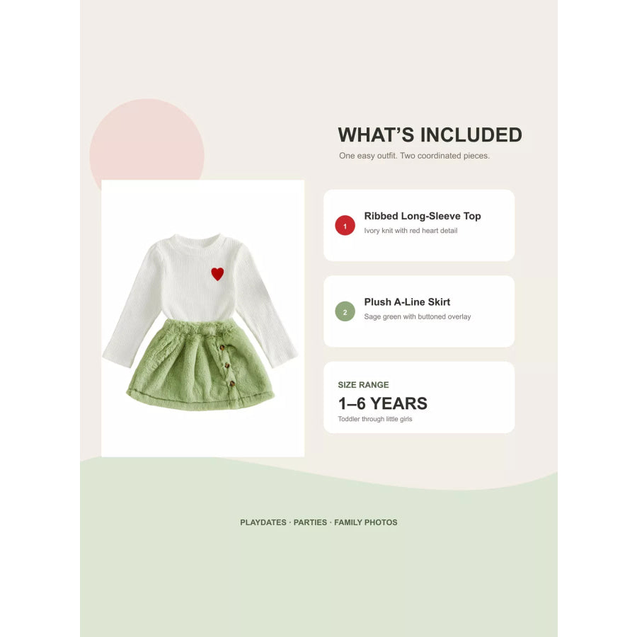 Children’s Heart-Embroidered Ribbed Top and Fuzzy Skirt Set Apparel Accessories