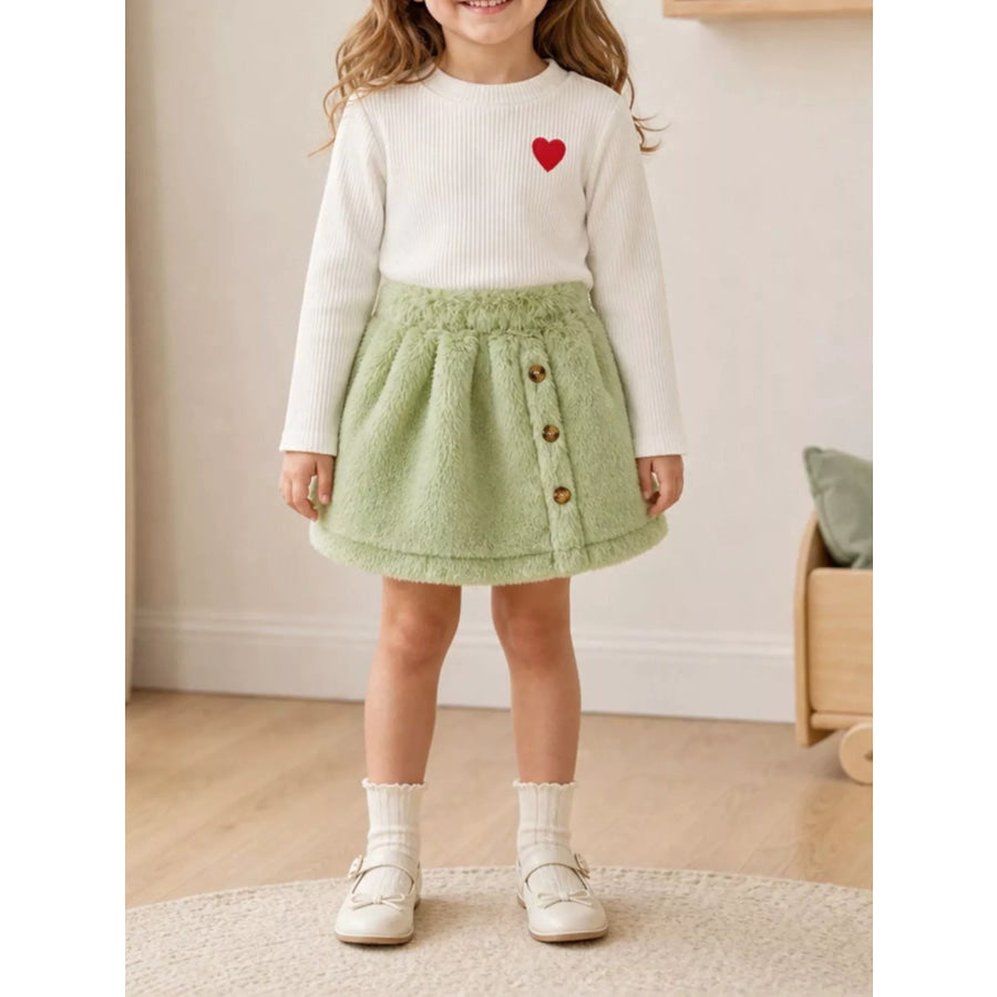 Children’s Heart-Embroidered Ribbed Top and Fuzzy Skirt Set Green / 1-2Y Apparel Accessories