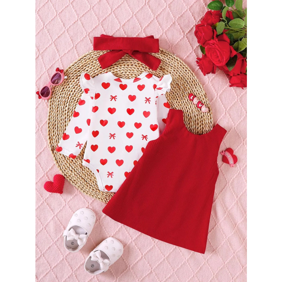 Children’s Heart Print Bodysuit and Dress Outfit Set with Headband Apparel and Accessories