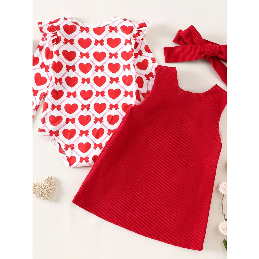 Children’s Heart Print Bodysuit and Dress Outfit Set with Headband Scarlet / 0-3M Apparel and Accessories