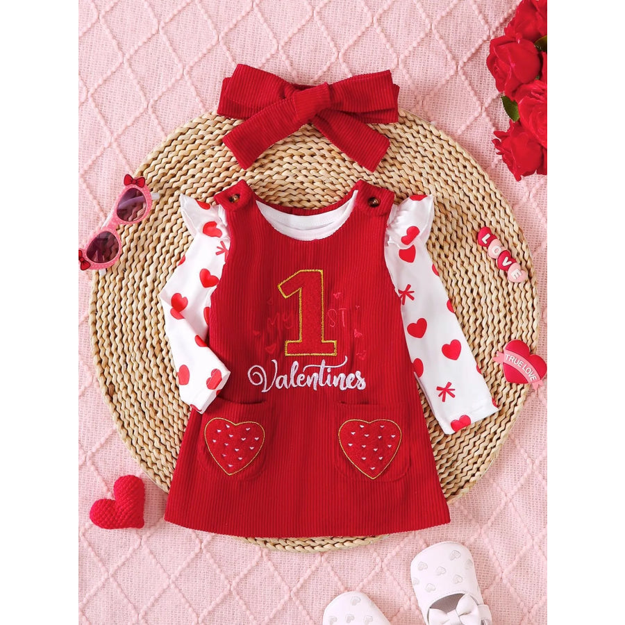 Children’s Heart Print Bodysuit and Dress Outfit Set with Headband Deep Red / 0-3M Apparel and Accessories