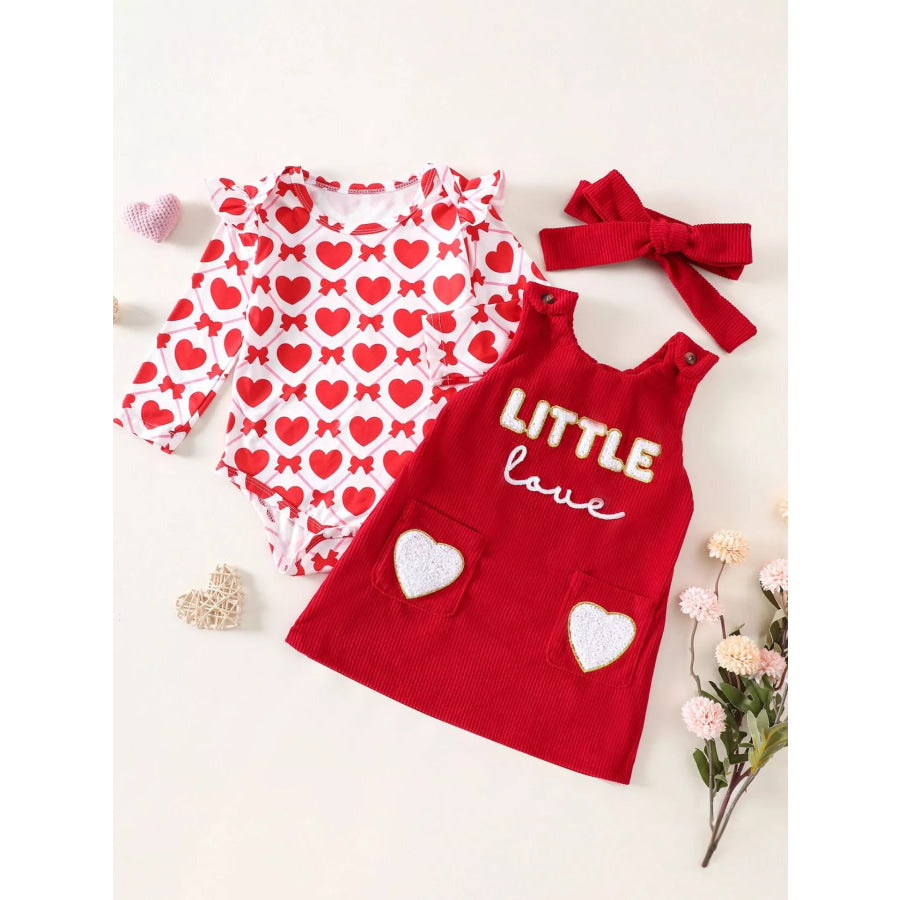 Children’s Heart Print Bodysuit and Dress Outfit Set with Headband Scarlet / 0-3M Apparel and Accessories