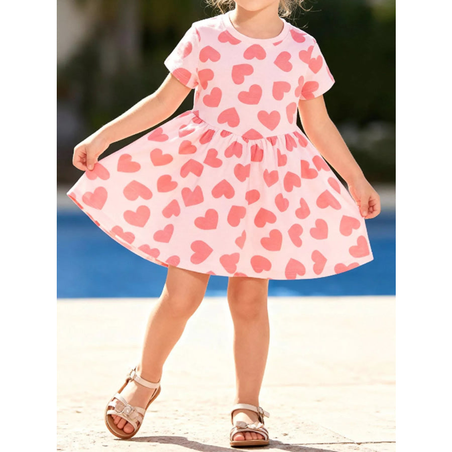 Children’s Heart Print Casual Dress Watermelon pink / 2Y Apparel and Accessories