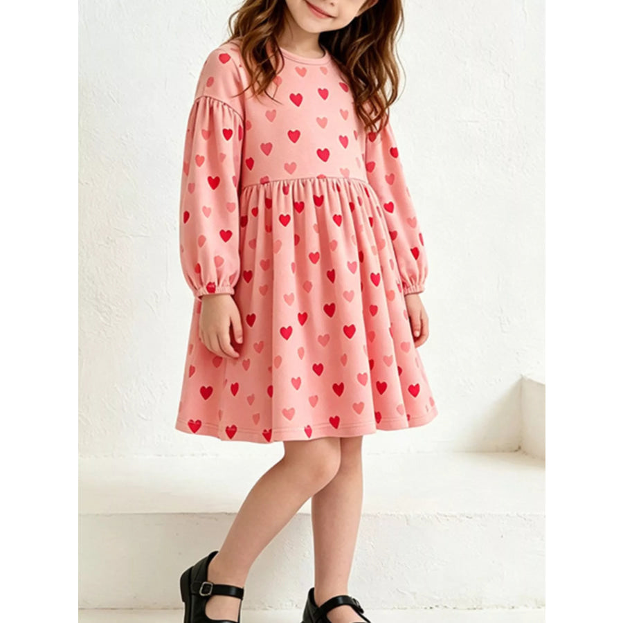 Children’s Heart Print Long Sleeve Casual A-Line Dress Apparel and Accessories