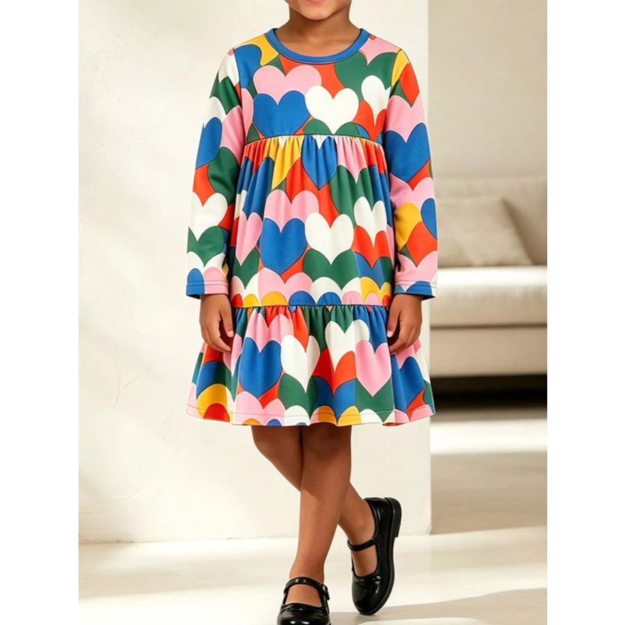 Children’s Heart Print Long Sleeve Tiered Casual Dress Apparel and Accessories