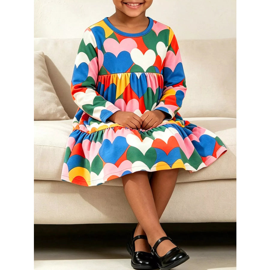 Children’s Heart Print Long Sleeve Tiered Casual Dress Multicolor / 2Y Apparel and Accessories