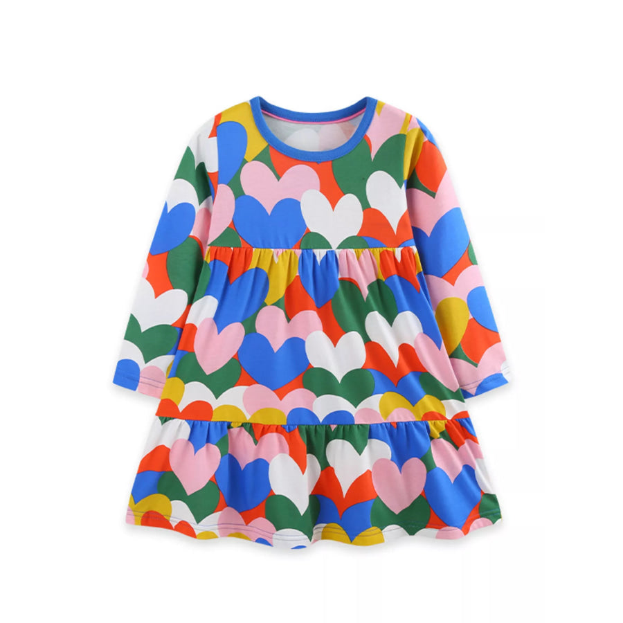 Children’s Heart Print Long Sleeve Tiered Casual Dress Apparel and Accessories