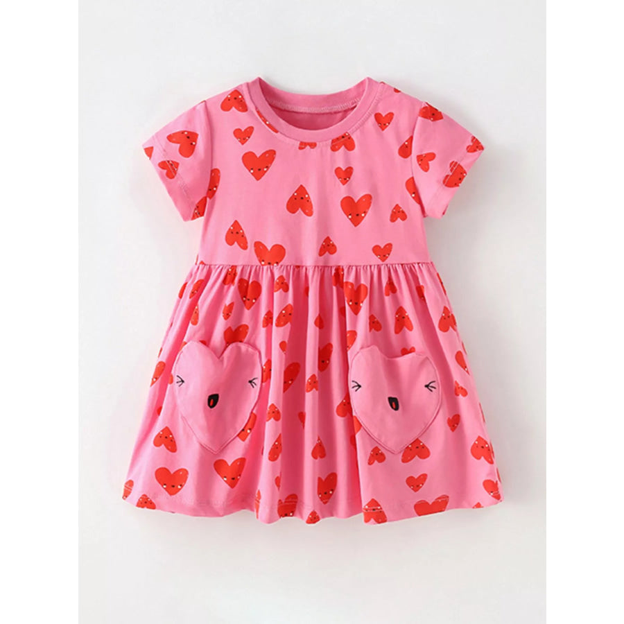 Children’s Heart Print Pocket Detail Casual Dress Pink / 6Y Apparel and Accessories