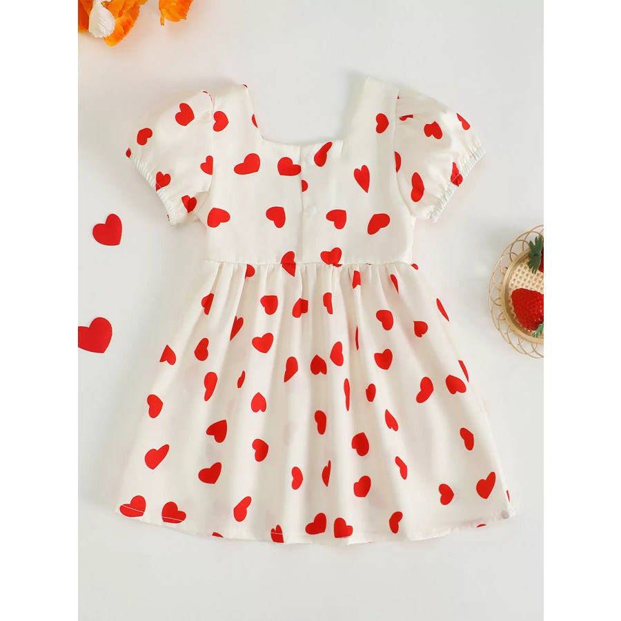 Children’s Heart Print Puff Sleeve Dress with Bow Apparel and Accessories