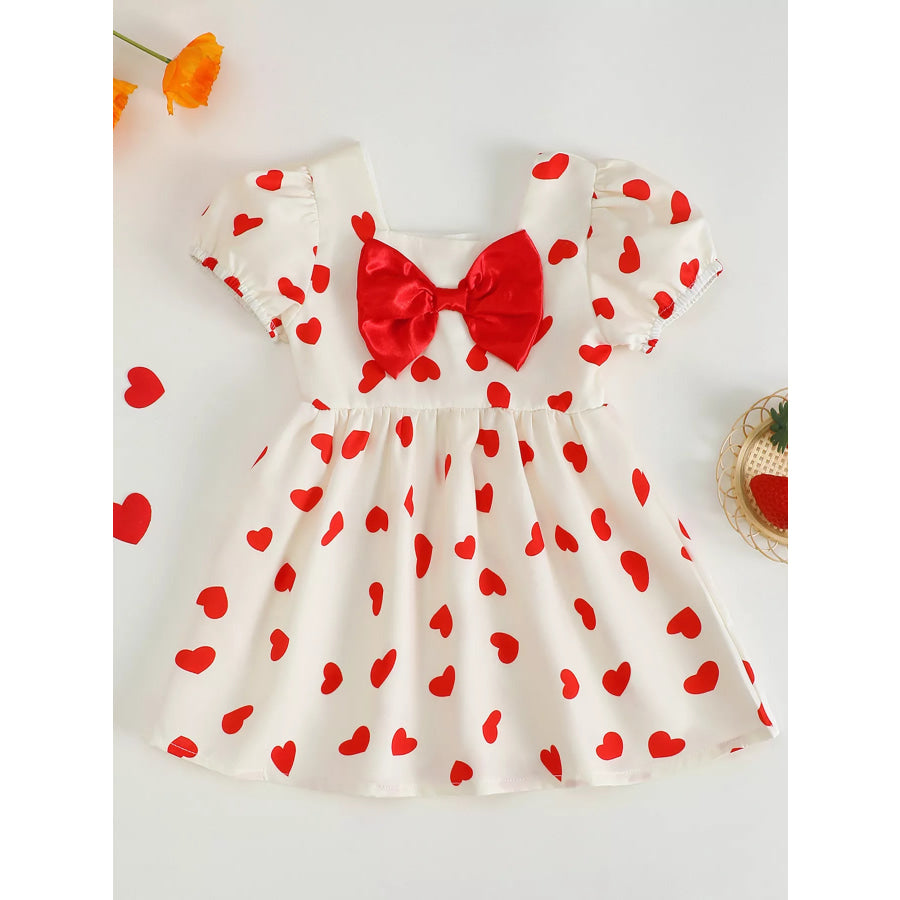 Children’s Heart Print Puff Sleeve Dress with Bow White / 0-3M Apparel and Accessories