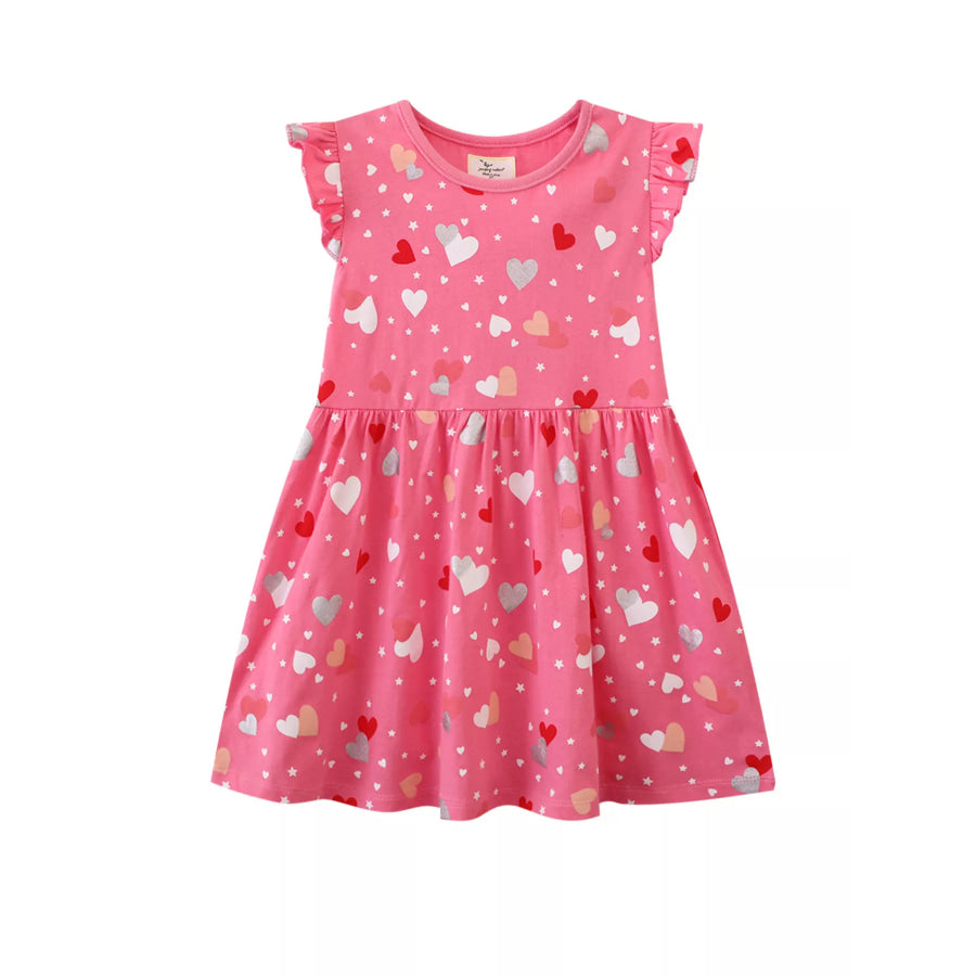 Children’s Heart Print Ruffle Sleeve Casual Dress Hot Pink / 2T Apparel and Accessories