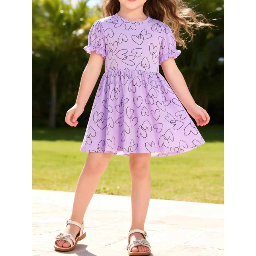 Children’s Heart Print Ruffle Sleeve Casual Dress Lavender / 2Y Apparel and Accessories