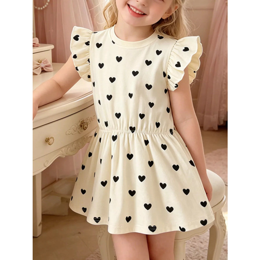 Children’s Heart Print Ruffle Sleeve Dress Ivory / 3T Apparel and Accessories