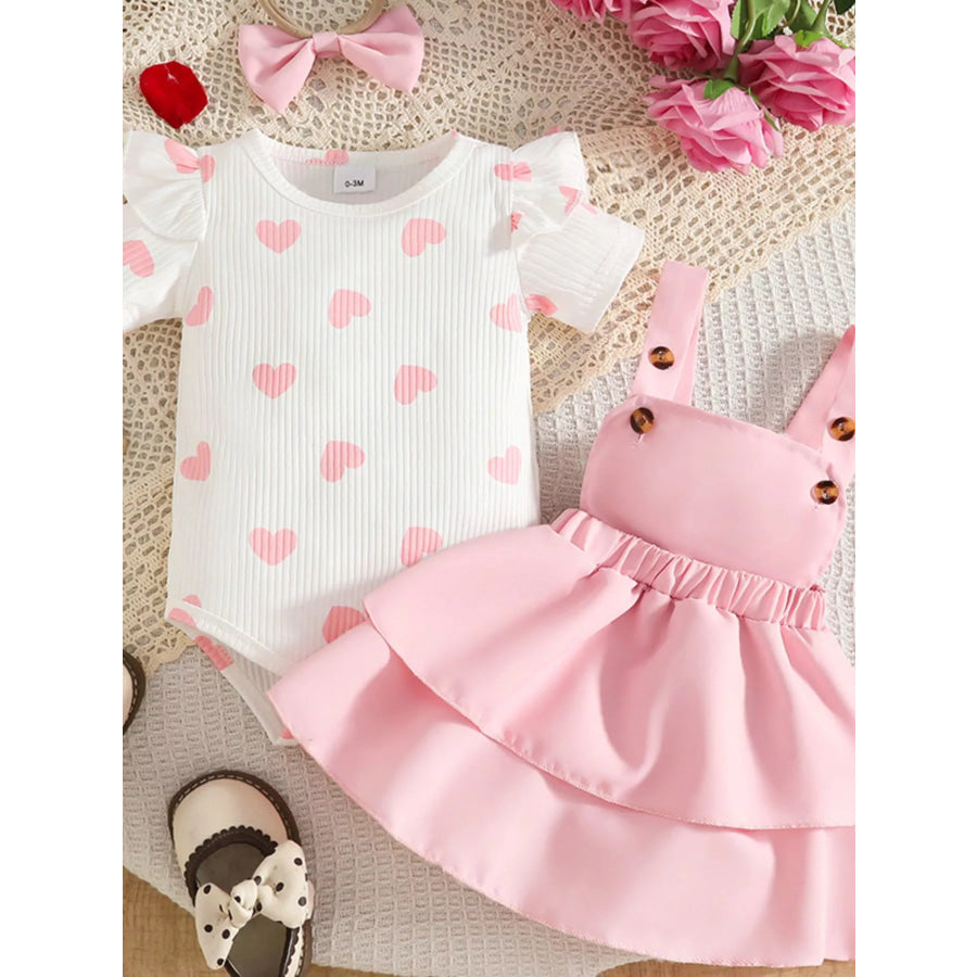 Children’s Heart Print Ruffle Trim Bodysuit and Dress Set with Headband Pink / 0-3M Apparel and Accessories
