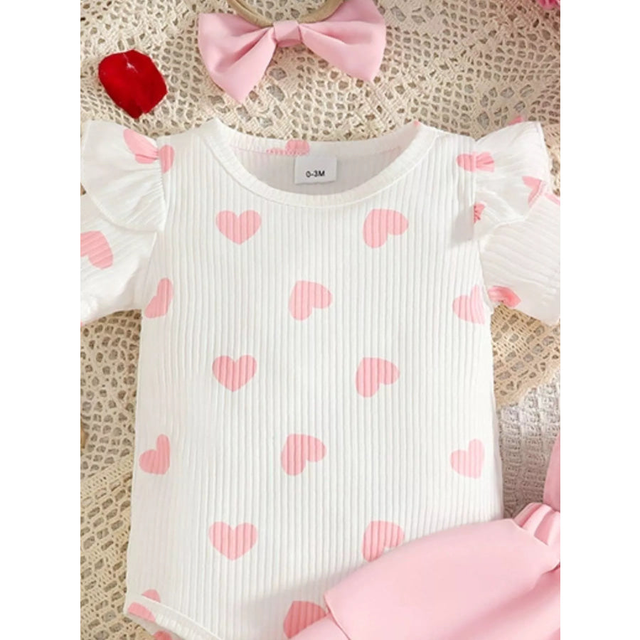 Children’s Heart Print Ruffle Trim Bodysuit and Dress Set with Headband Apparel and Accessories