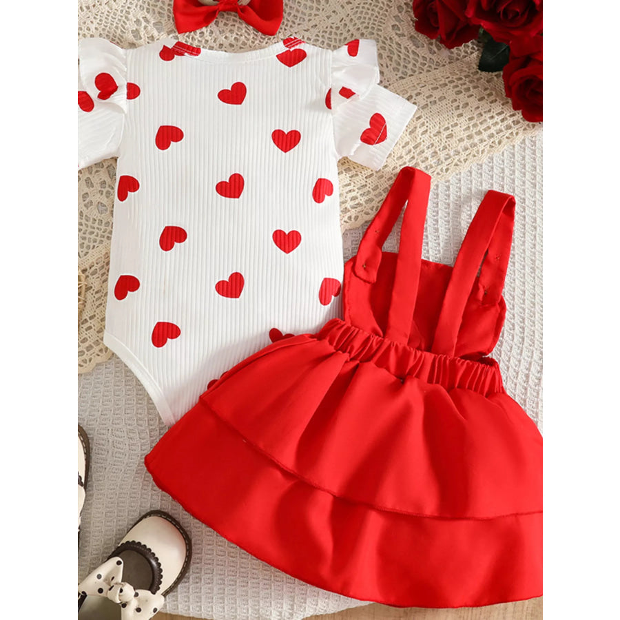 Children’s Heart Print Ruffle Trim Bodysuit and Dress Set with Headband Apparel and Accessories