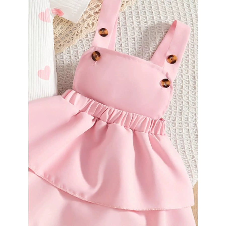 Children’s Heart Print Ruffle Trim Bodysuit and Dress Set with Headband Apparel and Accessories