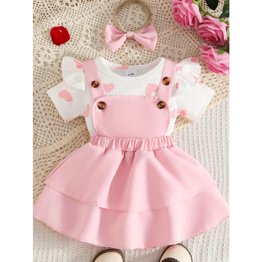 Children’s Heart Print Ruffle Trim Bodysuit and Dress Set with Headband Pink / 0-3M Apparel and Accessories
