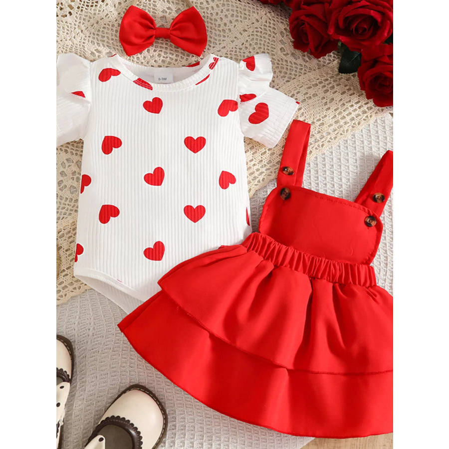 Children’s Heart Print Ruffle Trim Bodysuit and Dress Set with Headband Red / 0-3M Apparel and Accessories