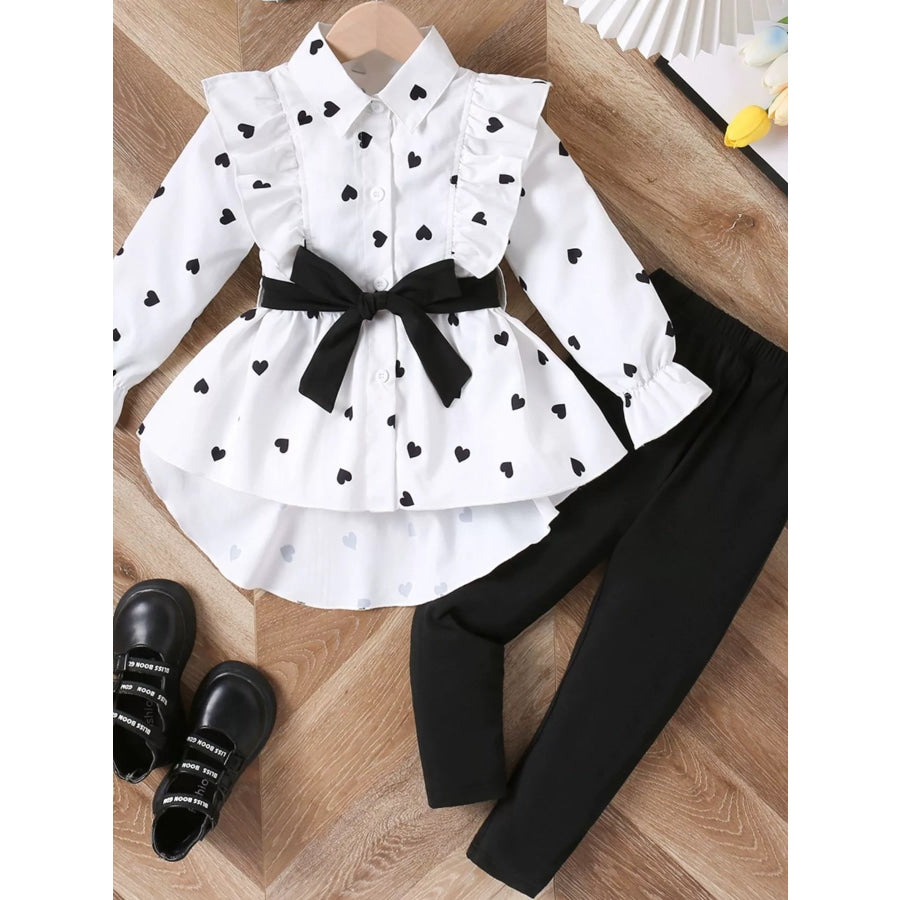 Children’s Heart Print Ruffle Trim Shirt & Pants Set with Tie White / 2-3 Apparel and Accessories