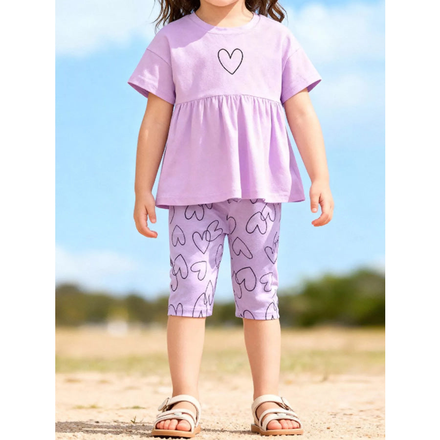 Children’s Heart Print Tee and Shorts Casual Set Pink Purple / 2Y Apparel and Accessories