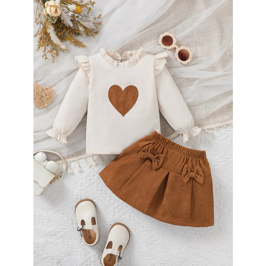 Children’s Heart Ruffle Trim Top & Bow Decor Corduroy Skirt Set Brown / 6-9M Apparel and Accessories