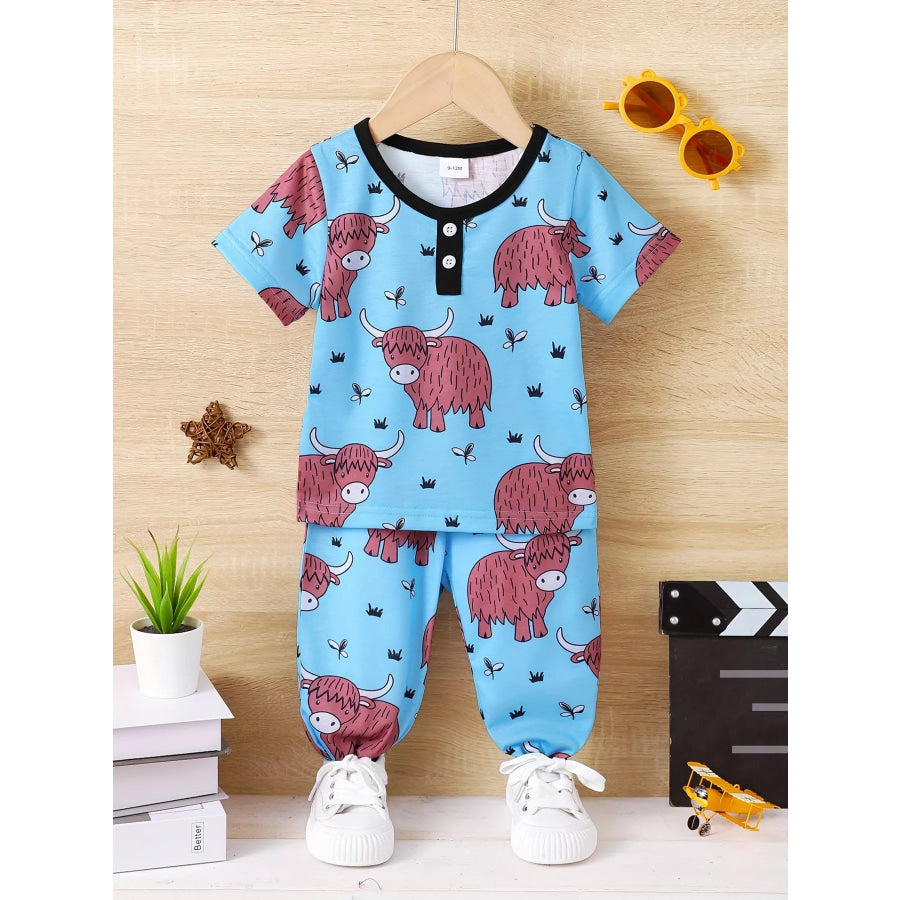 Children’s Highland Cow Print Pajama Set Blue / 9-12M Apparel and Accessories