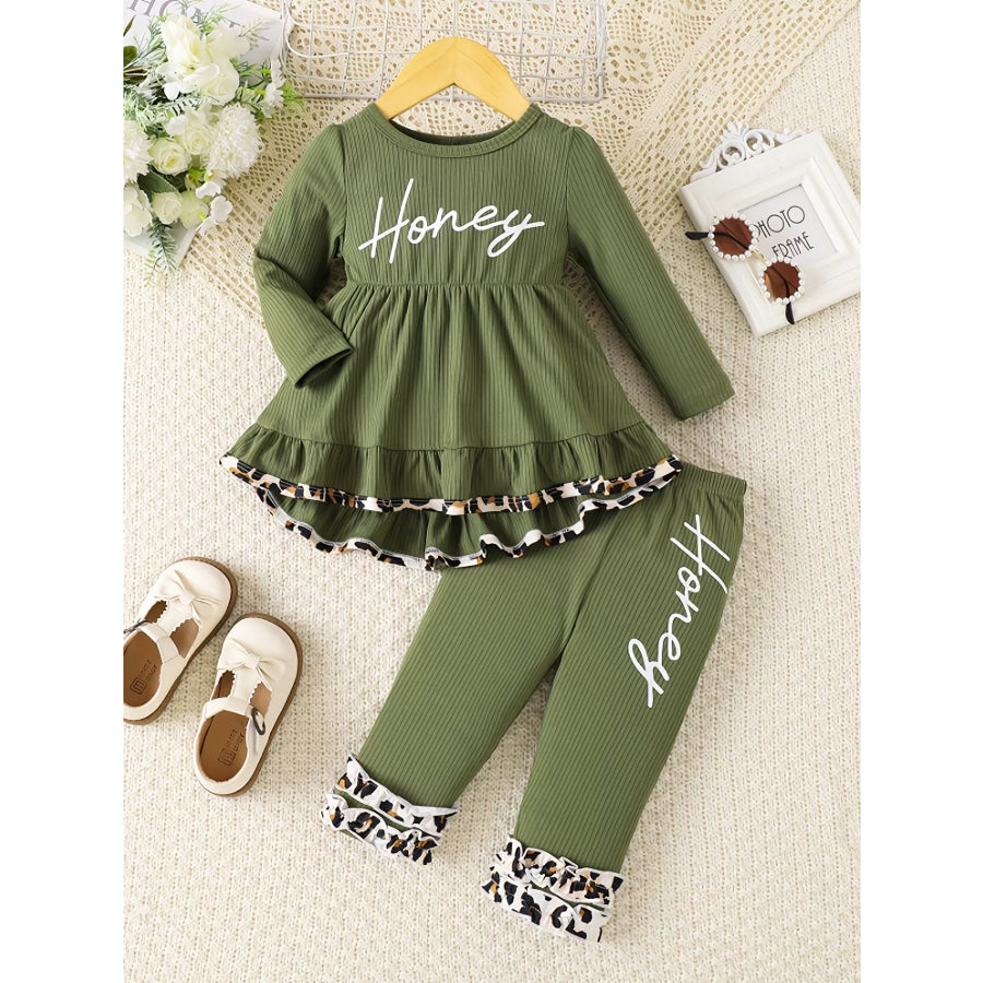 Children’s Honey Ruffle Hem Top and Pants Set Army Green / 6-9M Apparel and Accessories